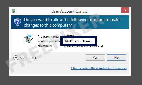 Screenshot where BAxBEx Software appears as the verified publisher in the UAC dialog